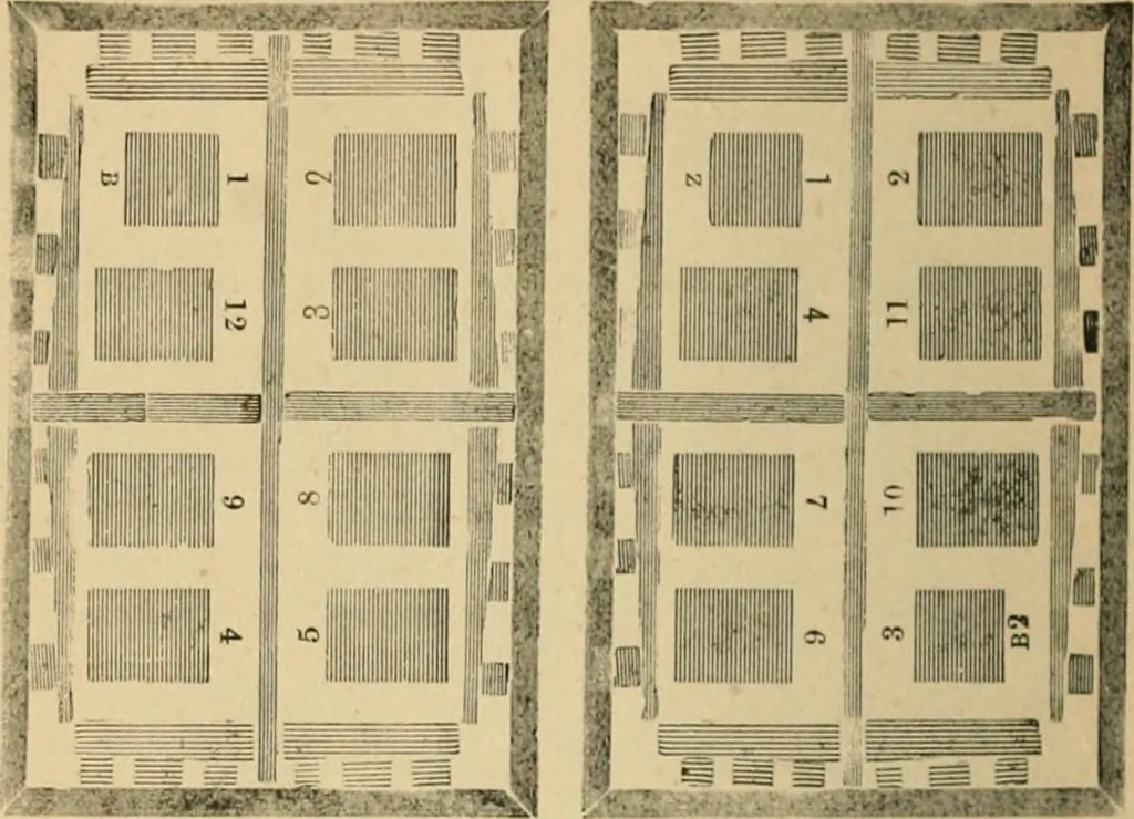 An illustration from The letter-press printer: a complete guide to the art of printing ; containing practical instructions for learners at case, press, and machine. Embracing the whole practice of book-work, with diagram and complete schemes of impositions; job work, with examples; news-work, colour work, to make coloured inks, to work press and machine, to make rollers, instructions in stereotyping, and other valuable information, 1881, leaf 51