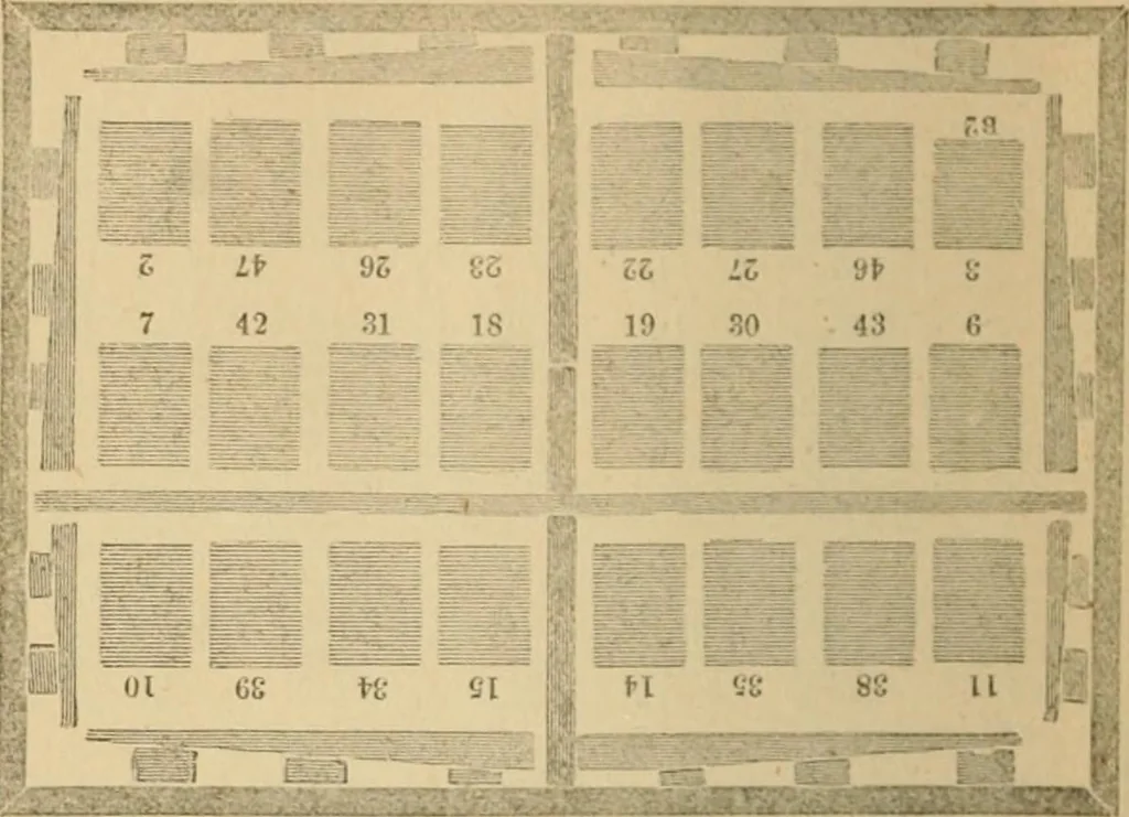 An illustration from The letter-press printer: a complete guide to the art of printing ; containing practical instructions for learners at case, press, and machine. Embracing the whole practice of book-work, with diagram and complete schemes of impositions; job work, with examples; news-work, colour work, to make coloured inks, to work press and machine, to make rollers, instructions in stereotyping, and other valuable information, 1881, leaf 65