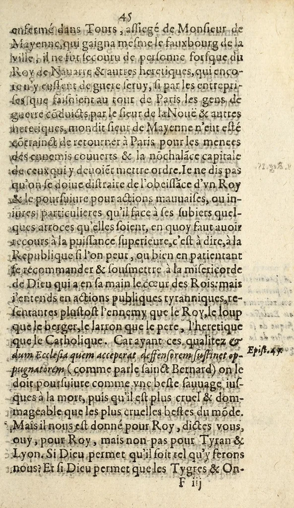 An illustration from Lettre missive de l'evesque du Mans. Auec la responce à icelle, faicte au mois de septembre dernier passé, par vn docteur en theologie de la faculté de Paris [Jean Boucher] ..., 1589, leaf 51