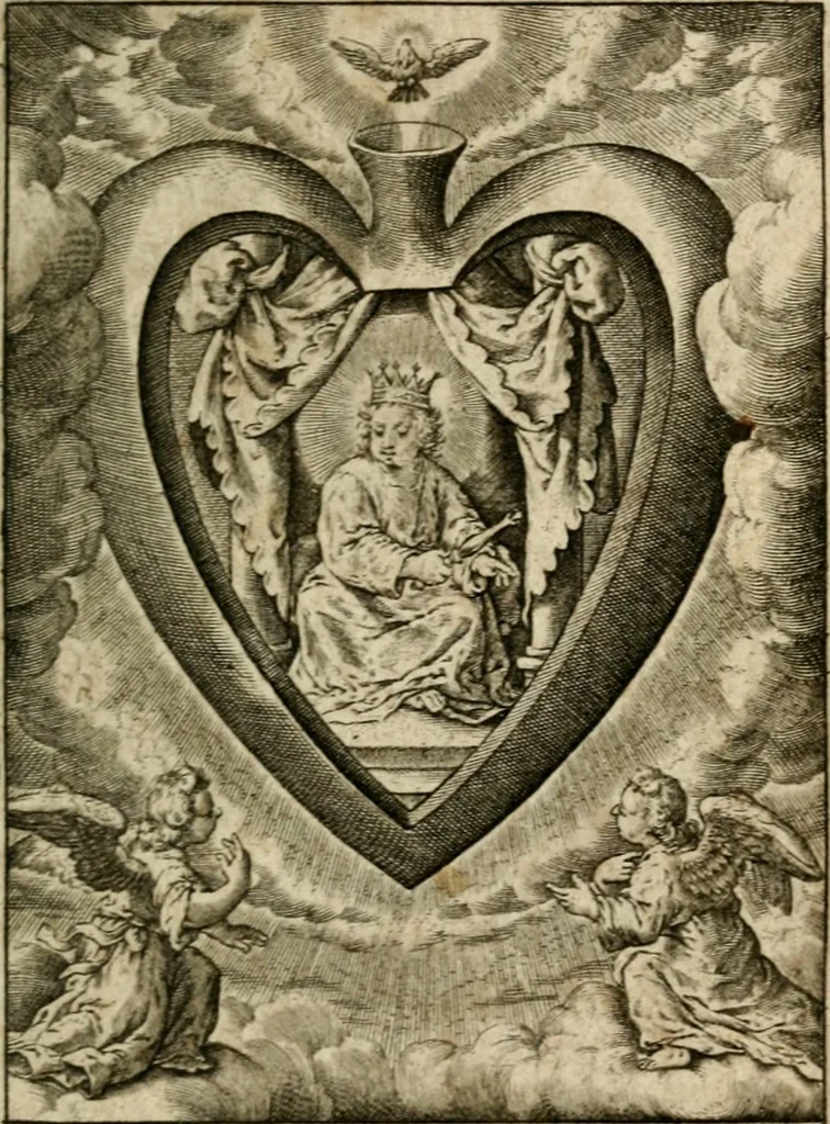 An illustration from Levendige herts-theologie, dat zijn aendachtige betrachtingen, hoe Jesus in der geloovigen herten wil woonen, werken en leven, en haar wil zijn alles in allen : met schoone, en nette print-verbeeldinge, ter sake dienende, verciert: nevens versen, suchtingen, en alleen-spraken, 1686, leaf 100