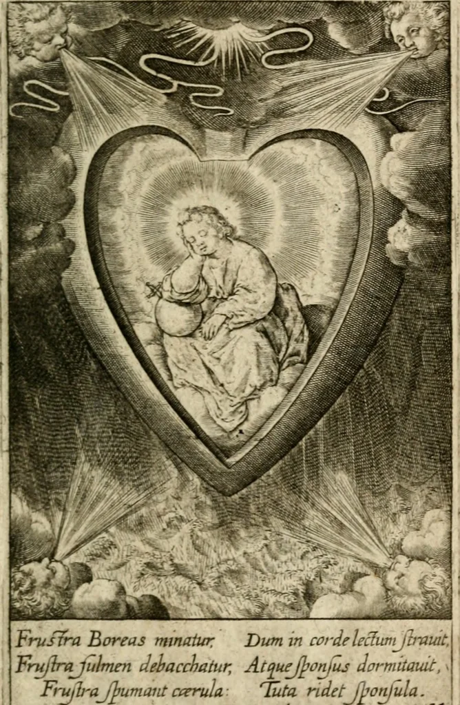 An illustration from Levendige herts-theologie, dat zijn aendachtige betrachtingen, hoe Jesus in der geloovigen herten wil woonen, werken en leven, en haar wil zijn alles in allen : met schoone, en nette print-verbeeldinge, ter sake dienende, verciert: nevens versen, suchtingen, en alleen-spraken, 1686, leaf 108