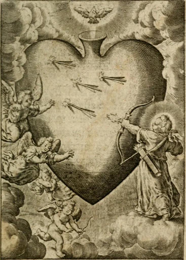 An illustration from Levendige herts-theologie, dat zijn aendachtige betrachtingen, hoe Jesus in der geloovigen herten wil woonen, werken en leven, en haar wil zijn alles in allen : met schoone, en nette print-verbeeldinge, ter sake dienende, verciert: nevens versen, suchtingen, en alleen-spraken, 1686, leaf 142