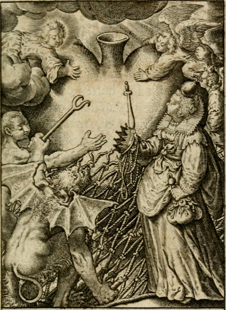 An illustration from Levendige herts-theologie, dat zijn aendachtige betrachtingen, hoe Jesus in der geloovigen herten wil woonen, werken en leven, en haar wil zijn alles in allen : met schoone, en nette print-verbeeldinge, ter sake dienende, verciert: nevens versen, suchtingen, en alleen-spraken, 1686, leaf 26