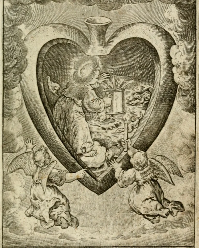 An illustration from Levendige herts-theologie, dat zijn aendachtige betrachtingen, hoe Jesus in der geloovigen herten wil woonen, werken en leven, en haar wil zijn alles in allen : met schoone, en nette print-verbeeldinge, ter sake dienende, verciert: nevens versen, suchtingen, en alleen-spraken, 1686, leaf 40