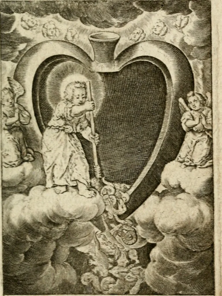 An illustration from Levendige herts-theologie, dat zijn aendachtige betrachtingen, hoe Jesus in der geloovigen herten wil woonen, werken en leven, en haar wil zijn alles in allen : met schoone, en nette print-verbeeldinge, ter sake dienende, verciert: nevens versen, suchtingen, en alleen-spraken, 1686, leaf 48