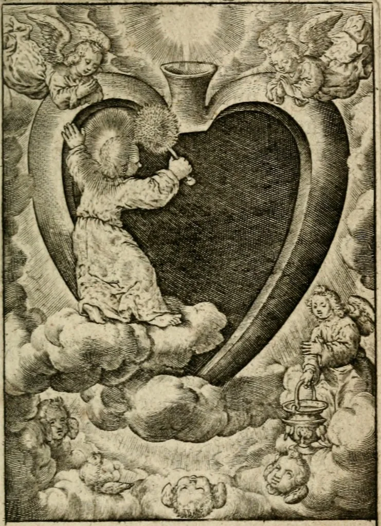 An illustration from Levendige herts-theologie, dat zijn aendachtige betrachtingen, hoe Jesus in der geloovigen herten wil woonen, werken en leven, en haar wil zijn alles in allen : met schoone, en nette print-verbeeldinge, ter sake dienende, verciert: nevens versen, suchtingen, en alleen-spraken, 1686, leaf 56