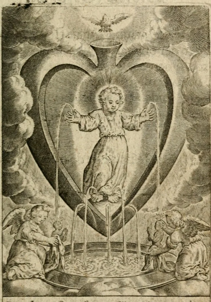 An illustration from Levendige herts-theologie, dat zijn aendachtige betrachtingen, hoe Jesus in der geloovigen herten wil woonen, werken en leven, en haar wil zijn alles in allen : met schoone, en nette print-verbeeldinge, ter sake dienende, verciert: nevens versen, suchtingen, en alleen-spraken, 1686, leaf 64