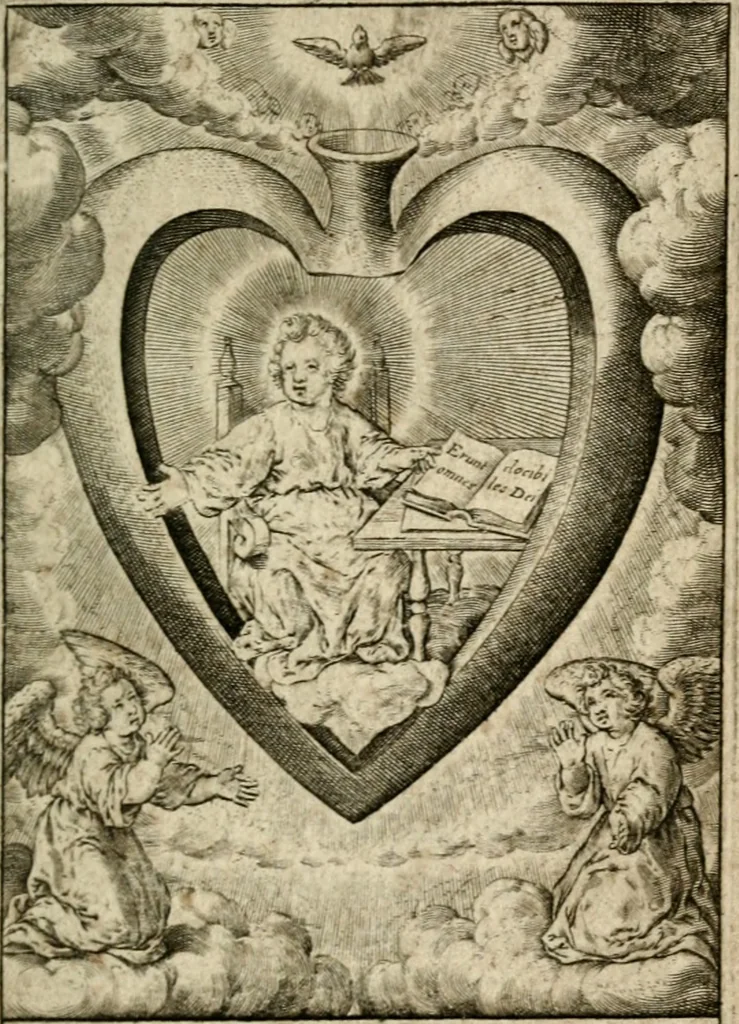 An illustration from Levendige herts-theologie, dat zijn aendachtige betrachtingen, hoe Jesus in der geloovigen herten wil woonen, werken en leven, en haar wil zijn alles in allen : met schoone, en nette print-verbeeldinge, ter sake dienende, verciert: nevens versen, suchtingen, en alleen-spraken, 1686, leaf 72