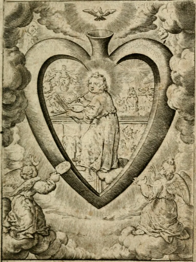 An illustration from Levendige herts-theologie, dat zijn aendachtige betrachtingen, hoe Jesus in der geloovigen herten wil woonen, werken en leven, en haar wil zijn alles in allen : met schoone, en nette print-verbeeldinge, ter sake dienende, verciert: nevens versen, suchtingen, en alleen-spraken, 1686, leaf 82