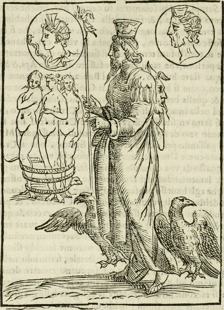 An illustration from Le vere e nove imagini de gli dei delli antichi di Vicenzo Cartari Reggiano. Ridotte da capo a piedi in questa nouissima impressione alle loro reali, & non piu per l'adietro osseruate simiglianze. Cauate da' marmi, bronzi, medaglie, gioie, & altre memorie antiche;, 1615, leaf 101