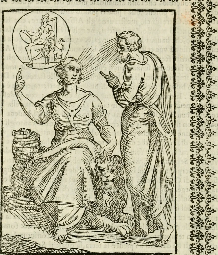 An illustration from Le vere e nove imagini de gli dei delli antichi di Vicenzo Cartari Reggiano. Ridotte da capo a piedi in questa nouissima impressione alle loro reali, & non piu per l'adietro osseruate simiglianze. Cauate da' marmi, bronzi, medaglie, gioie, & altre memorie antiche;, 1615, leaf 103