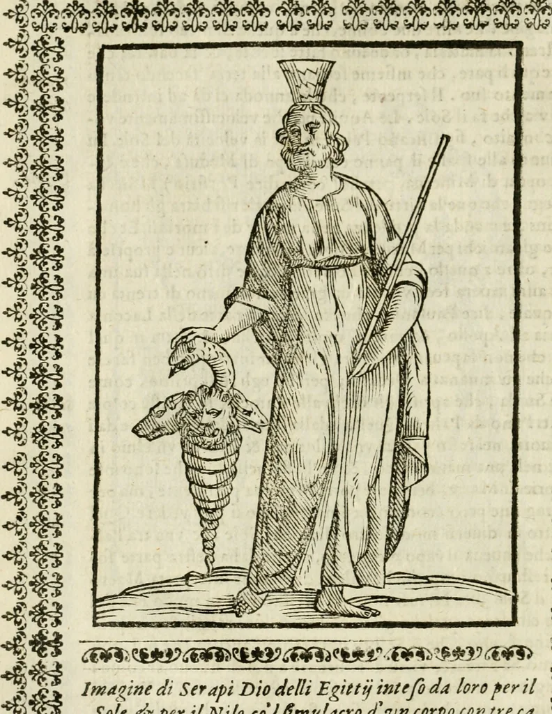 An illustration from Le vere e nove imagini de gli dei delli antichi di Vicenzo Cartari Reggiano. Ridotte da capo a piedi in questa nouissima impressione alle loro reali, & non piu per l'adietro osseruate simiglianze. Cauate da' marmi, bronzi, medaglie, gioie, & altre memorie antiche;, 1615, leaf 105