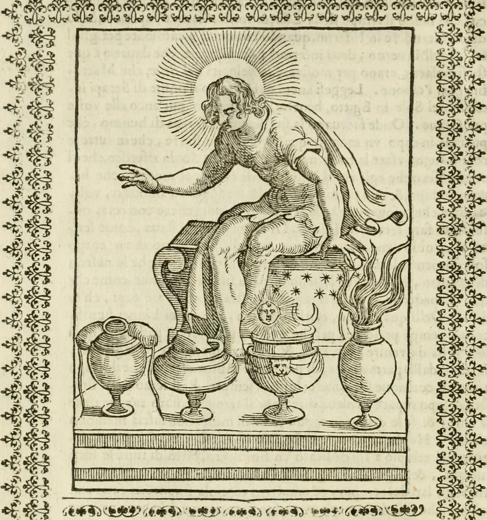 An illustration from Le vere e nove imagini de gli dei delli antichi di Vicenzo Cartari Reggiano. Ridotte da capo a piedi in questa nouissima impressione alle loro reali, & non piu per l'adietro osseruate simiglianze. Cauate da' marmi, bronzi, medaglie, gioie, & altre memorie antiche;, 1615, leaf 107
