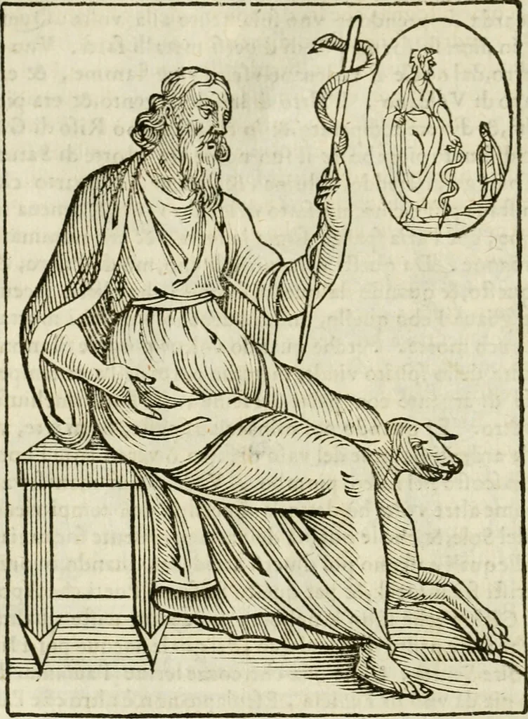 An illustration from Le vere e nove imagini de gli dei delli antichi di Vicenzo Cartari Reggiano. Ridotte da capo a piedi in questa nouissima impressione alle loro reali, & non piu per l'adietro osseruate simiglianze. Cauate da' marmi, bronzi, medaglie, gioie, & altre memorie antiche;, 1615, leaf 109