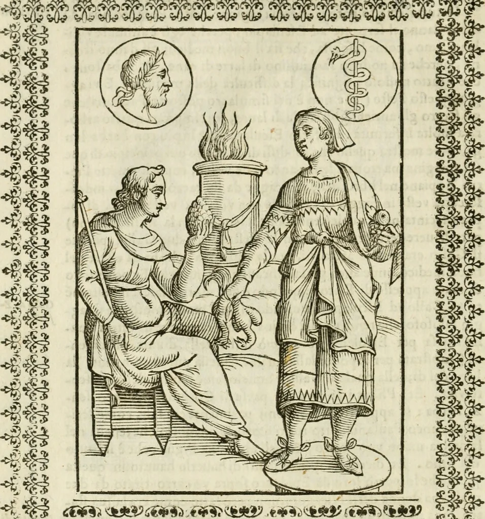 An illustration from Le vere e nove imagini de gli dei delli antichi di Vicenzo Cartari Reggiano. Ridotte da capo a piedi in questa nouissima impressione alle loro reali, & non piu per l'adietro osseruate simiglianze. Cauate da' marmi, bronzi, medaglie, gioie, & altre memorie antiche;, 1615, leaf 111