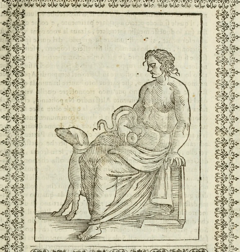 An illustration from Le vere e nove imagini de gli dei delli antichi di Vicenzo Cartari Reggiano. Ridotte da capo a piedi in questa nouissima impressione alle loro reali, & non piu per l'adietro osseruate simiglianze. Cauate da' marmi, bronzi, medaglie, gioie, & altre memorie antiche;, 1615, leaf 118