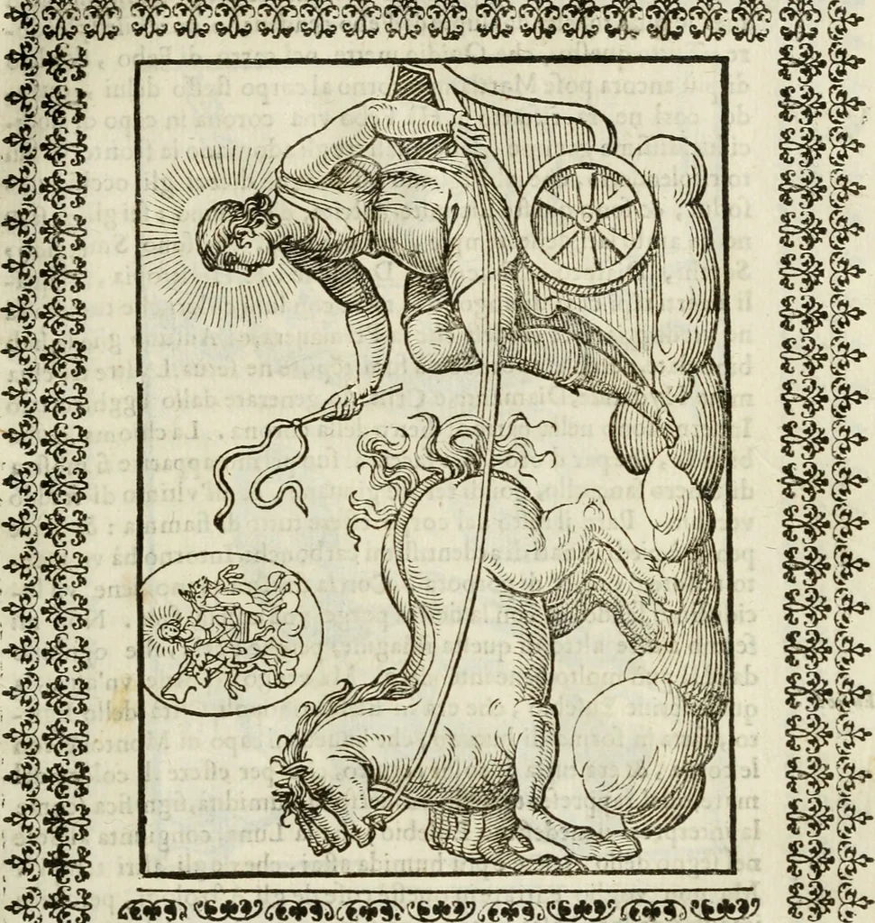 An illustration from Le vere e nove imagini de gli dei delli antichi di Vicenzo Cartari Reggiano. Ridotte da capo a piedi in questa nouissima impressione alle loro reali, & non piu per l'adietro osseruate simiglianze. Cauate da' marmi, bronzi, medaglie, gioie, & altre memorie antiche;, 1615, leaf 120