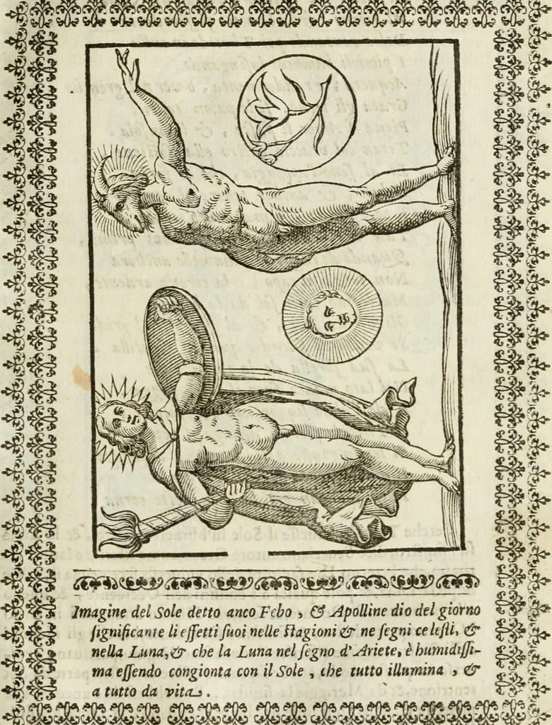 An illustration from Le vere e nove imagini de gli dei delli antichi di Vicenzo Cartari Reggiano. Ridotte da capo a piedi in questa nouissima impressione alle loro reali, & non piu per l'adietro osseruate simiglianze. Cauate da' marmi, bronzi, medaglie, gioie, & altre memorie antiche;, 1615, leaf 122