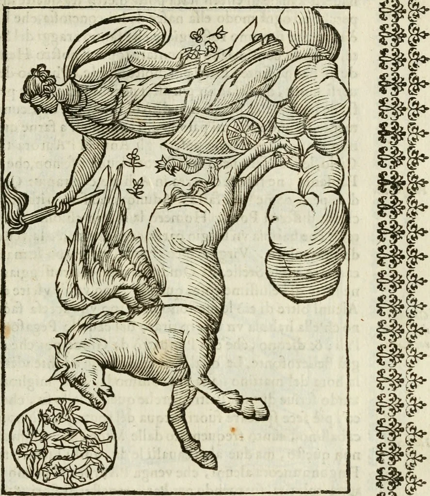 An illustration from Le vere e nove imagini de gli dei delli antichi di Vicenzo Cartari Reggiano. Ridotte da capo a piedi in questa nouissima impressione alle loro reali, & non piu per l'adietro osseruate simiglianze. Cauate da' marmi, bronzi, medaglie, gioie, & altre memorie antiche;, 1615, leaf 124