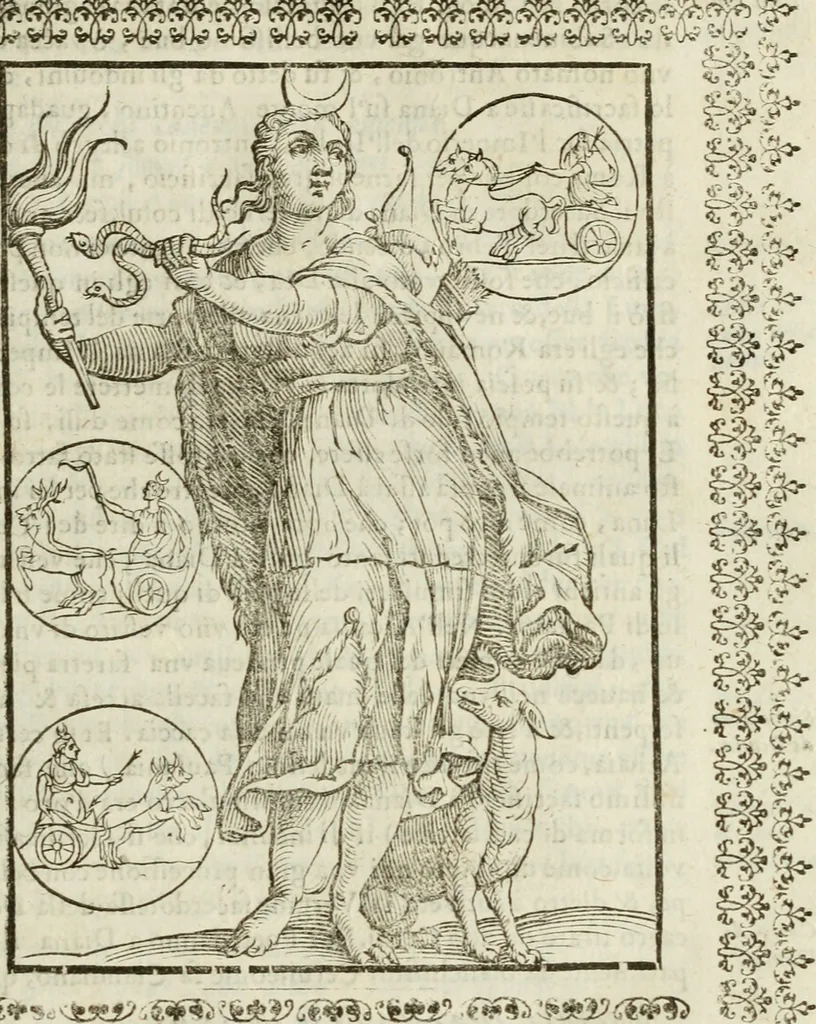 An illustration from Le vere e nove imagini de gli dei delli antichi di Vicenzo Cartari Reggiano. Ridotte da capo a piedi in questa nouissima impressione alle loro reali, & non piu per l'adietro osseruate simiglianze. Cauate da' marmi, bronzi, medaglie, gioie, & altre memorie antiche;, 1615, leaf 130