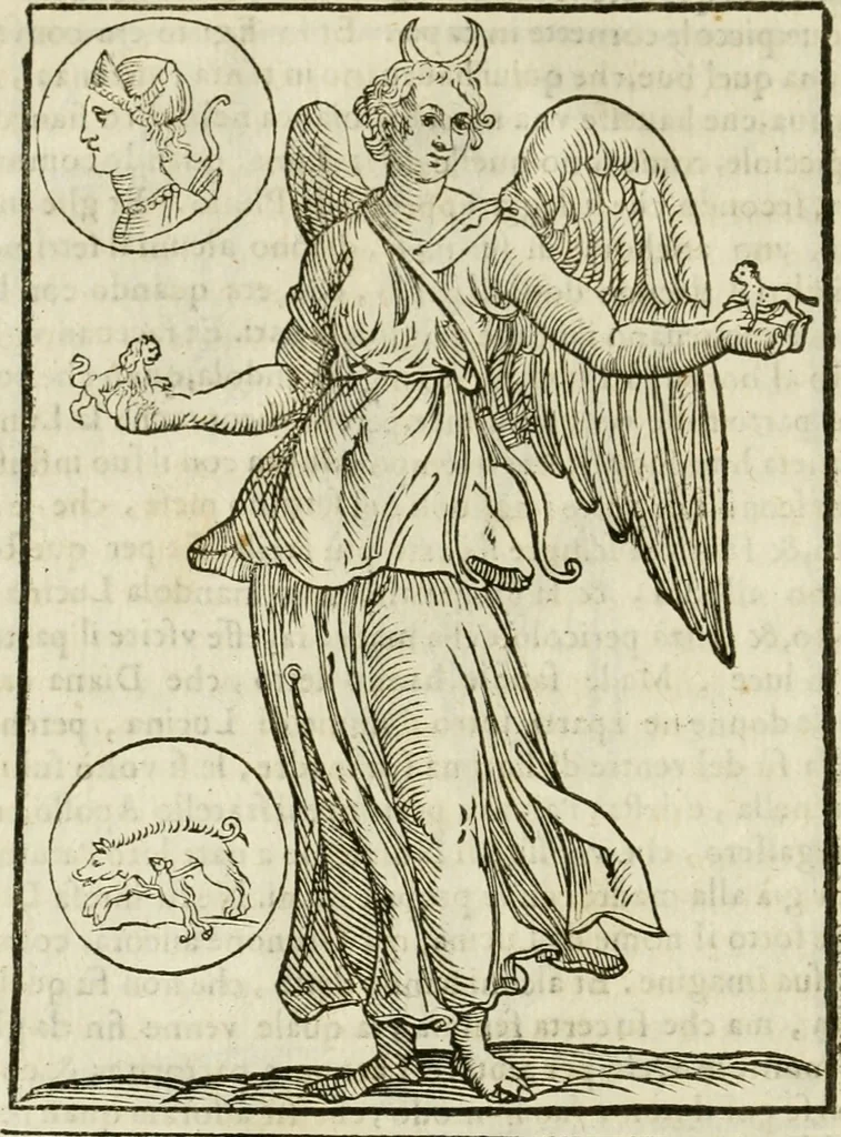An illustration from Le vere e nove imagini de gli dei delli antichi di Vicenzo Cartari Reggiano. Ridotte da capo a piedi in questa nouissima impressione alle loro reali, & non piu per l'adietro osseruate simiglianze. Cauate da' marmi, bronzi, medaglie, gioie, & altre memorie antiche;, 1615, leaf 135