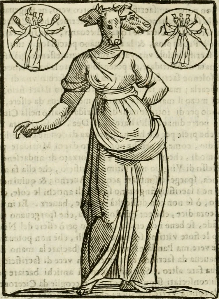 An illustration from Le vere e nove imagini de gli dei delli antichi di Vicenzo Cartari Reggiano. Ridotte da capo a piedi in questa nouissima impressione alle loro reali, & non piu per l'adietro osseruate simiglianze. Cauate da' marmi, bronzi, medaglie, gioie, & altre memorie antiche;, 1615, leaf 139