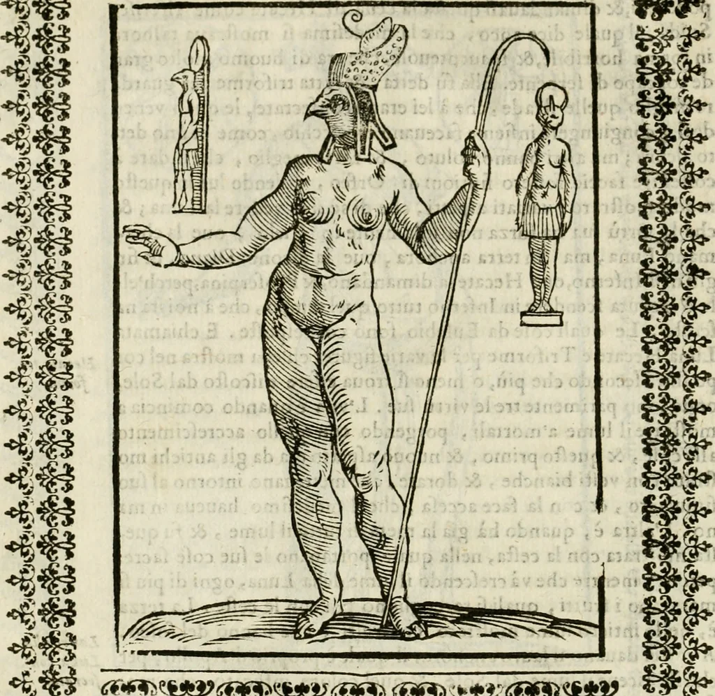An illustration from Le vere e nove imagini de gli dei delli antichi di Vicenzo Cartari Reggiano. Ridotte da capo a piedi in questa nouissima impressione alle loro reali, & non piu per l'adietro osseruate simiglianze. Cauate da' marmi, bronzi, medaglie, gioie, & altre memorie antiche;, 1615, leaf 141