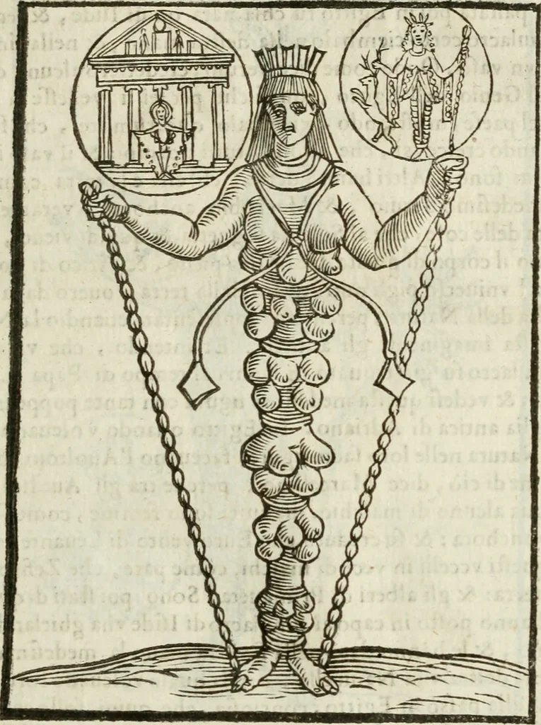 An illustration from Le vere e nove imagini de gli dei delli antichi di Vicenzo Cartari Reggiano. Ridotte da capo a piedi in questa nouissima impressione alle loro reali, & non piu per l'adietro osseruate simiglianze. Cauate da' marmi, bronzi, medaglie, gioie, & altre memorie antiche;, 1615, leaf 144