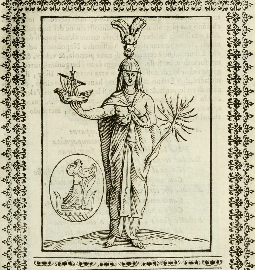 An illustration from Le vere e nove imagini de gli dei delli antichi di Vicenzo Cartari Reggiano. Ridotte da capo a piedi in questa nouissima impressione alle loro reali, & non piu per l'adietro osseruate simiglianze. Cauate da' marmi, bronzi, medaglie, gioie, & altre memorie antiche;, 1615, leaf 146