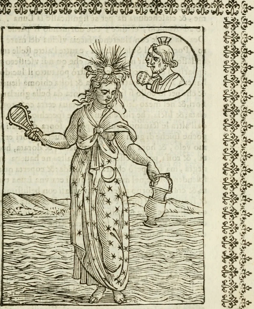An illustration from Le vere e nove imagini de gli dei delli antichi di Vicenzo Cartari Reggiano. Ridotte da capo a piedi in questa nouissima impressione alle loro reali, & non piu per l'adietro osseruate simiglianze. Cauate da' marmi, bronzi, medaglie, gioie, & altre memorie antiche;, 1615, leaf 148