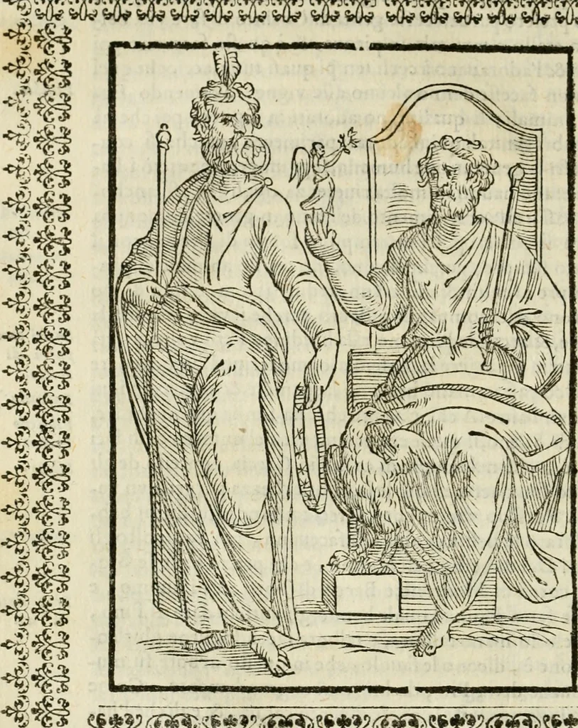 An illustration from Le vere e nove imagini de gli dei delli antichi di Vicenzo Cartari Reggiano. Ridotte da capo a piedi in questa nouissima impressione alle loro reali, & non piu per l'adietro osseruate simiglianze. Cauate da' marmi, bronzi, medaglie, gioie, & altre memorie antiche;, 1615, leaf 169