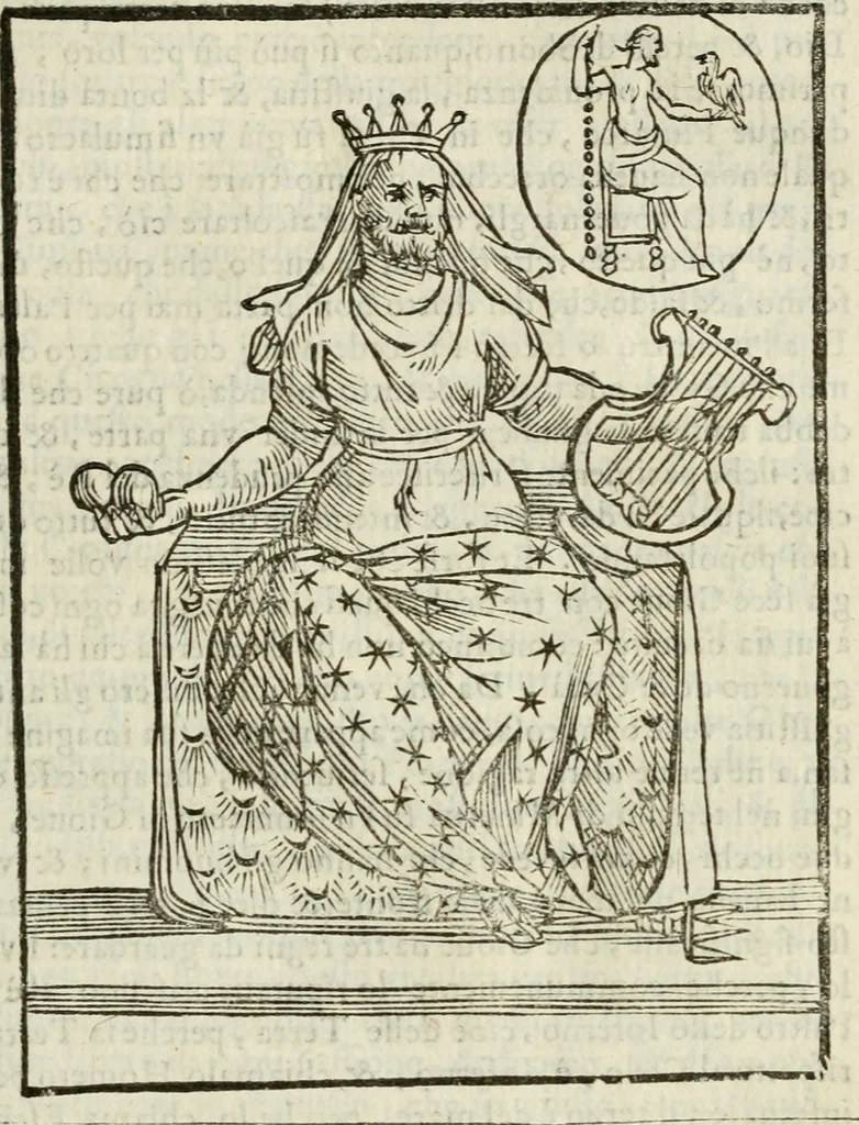 An illustration from Le vere e nove imagini de gli dei delli antichi di Vicenzo Cartari Reggiano. Ridotte da capo a piedi in questa nouissima impressione alle loro reali, & non piu per l'adietro osseruate simiglianze. Cauate da' marmi, bronzi, medaglie, gioie, & altre memorie antiche;, 1615, leaf 172