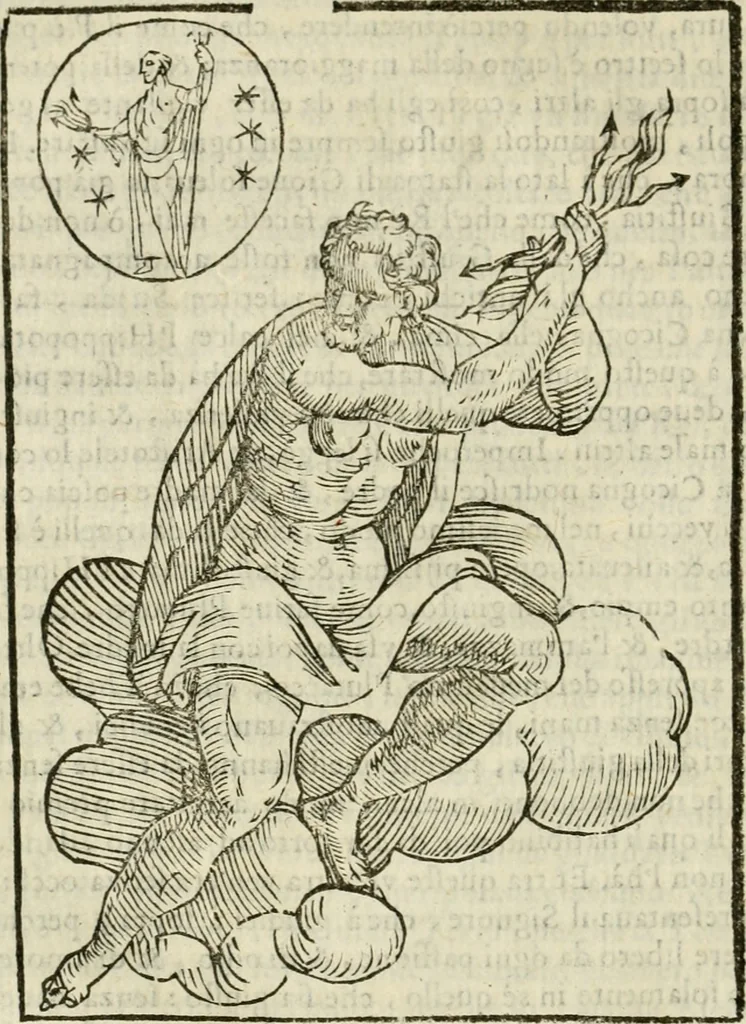 An illustration from Le vere e nove imagini de gli dei delli antichi di Vicenzo Cartari Reggiano. Ridotte da capo a piedi in questa nouissima impressione alle loro reali, & non piu per l'adietro osseruate simiglianze. Cauate da' marmi, bronzi, medaglie, gioie, & altre memorie antiche;, 1615, leaf 175