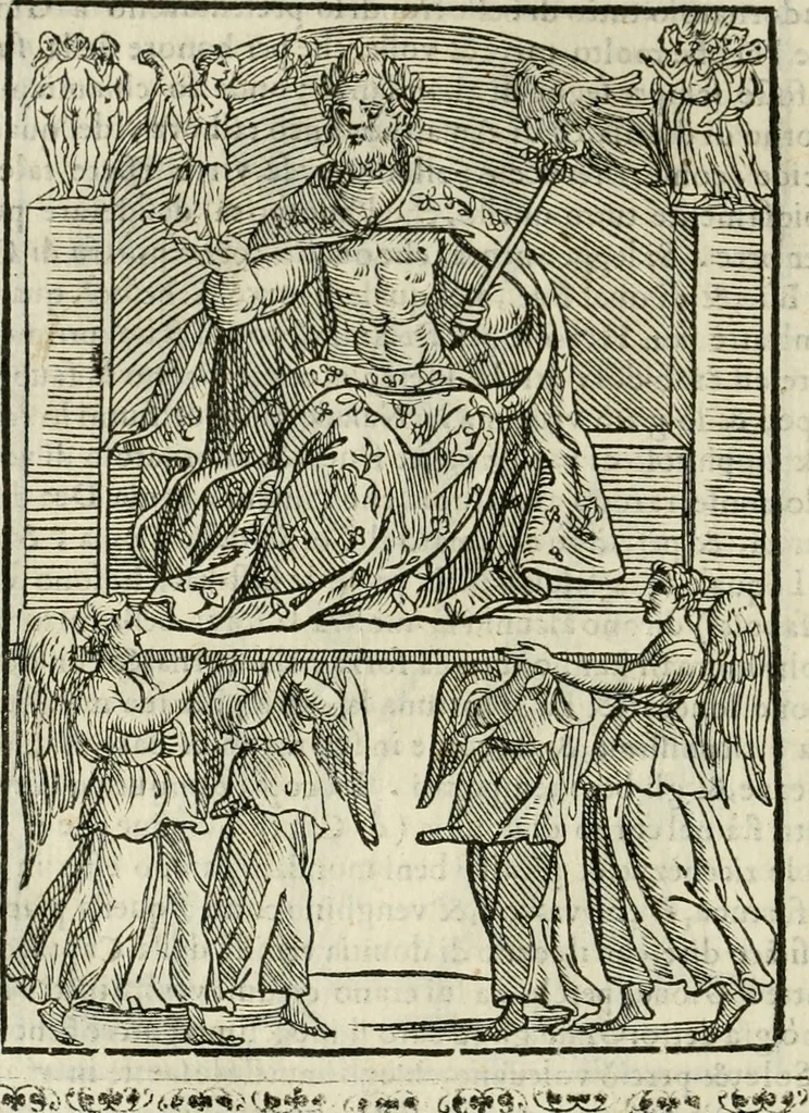 An illustration from Le vere e nove imagini de gli dei delli antichi di Vicenzo Cartari Reggiano. Ridotte da capo a piedi in questa nouissima impressione alle loro reali, & non piu per l'adietro osseruate simiglianze. Cauate da' marmi, bronzi, medaglie, gioie, & altre memorie antiche;, 1615, leaf 181