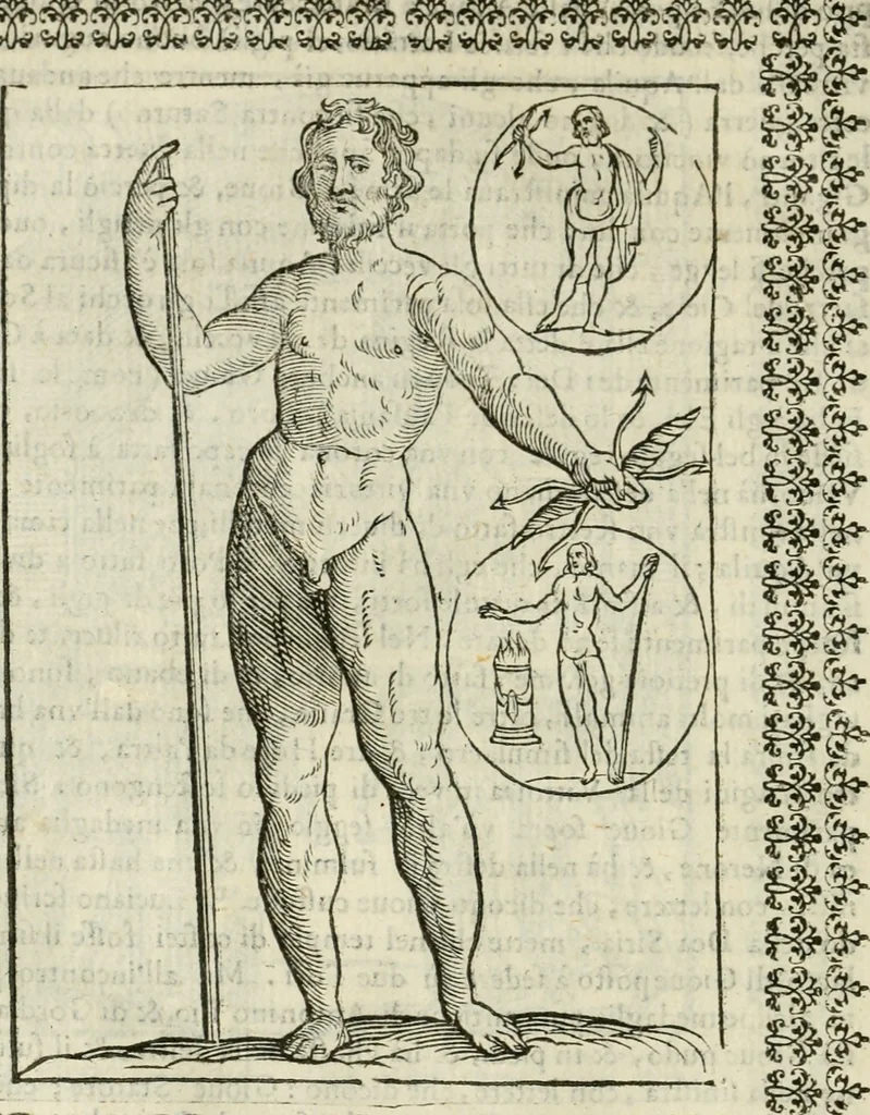 An illustration from Le vere e nove imagini de gli dei delli antichi di Vicenzo Cartari Reggiano. Ridotte da capo a piedi in questa nouissima impressione alle loro reali, & non piu per l'adietro osseruate simiglianze. Cauate da' marmi, bronzi, medaglie, gioie, & altre memorie antiche;, 1615, leaf 183