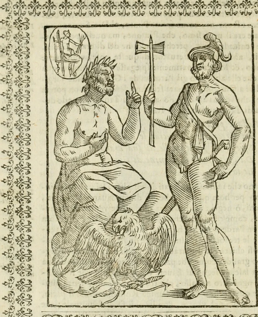 An illustration from Le vere e nove imagini de gli dei delli antichi di Vicenzo Cartari Reggiano. Ridotte da capo a piedi in questa nouissima impressione alle loro reali, & non piu per l'adietro osseruate simiglianze. Cauate da' marmi, bronzi, medaglie, gioie, & altre memorie antiche;, 1615, leaf 185