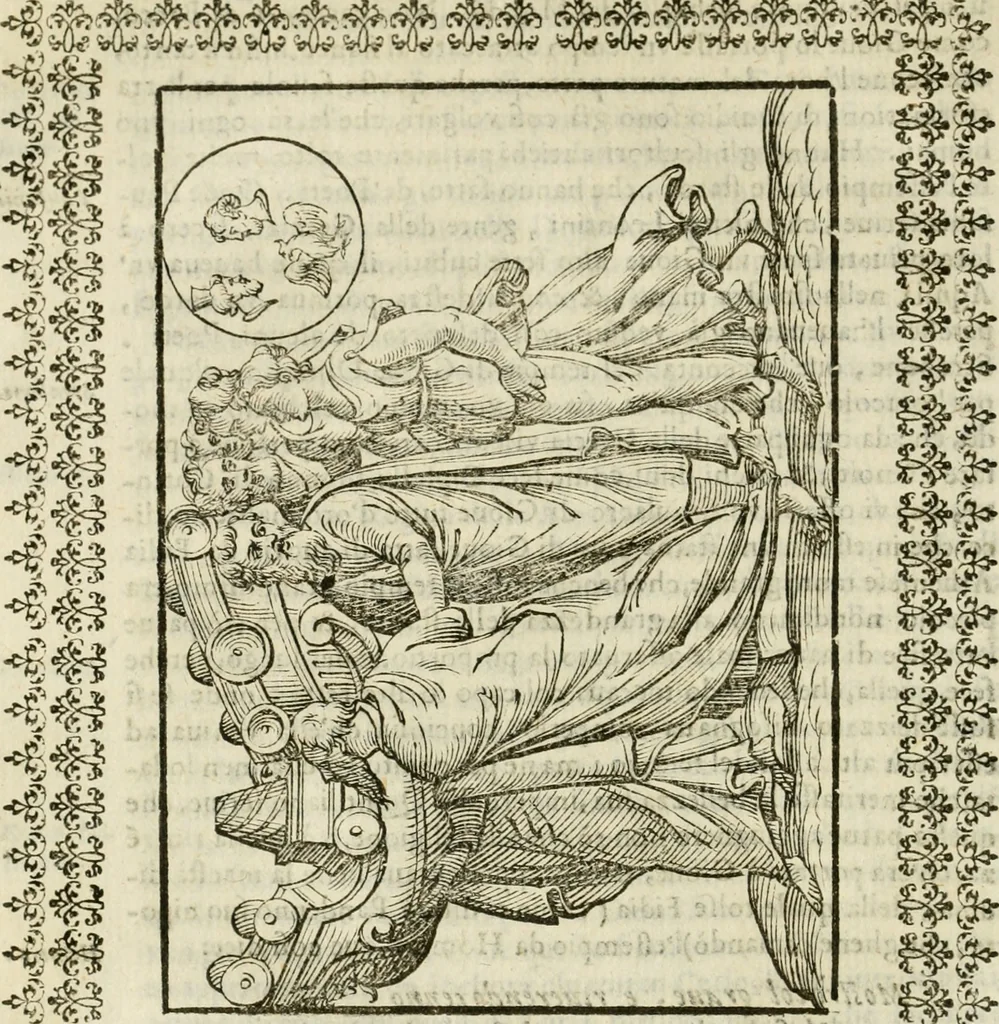 An illustration from Le vere e nove imagini de gli dei delli antichi di Vicenzo Cartari Reggiano. Ridotte da capo a piedi in questa nouissima impressione alle loro reali, & non piu per l'adietro osseruate simiglianze. Cauate da' marmi, bronzi, medaglie, gioie, & altre memorie antiche;, 1615, leaf 189