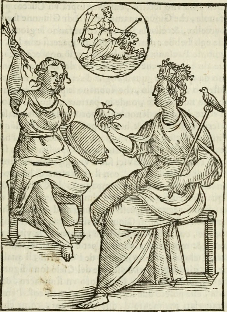An illustration from Le vere e nove imagini de gli dei delli antichi di Vicenzo Cartari Reggiano. Ridotte da capo a piedi in questa nouissima impressione alle loro reali, & non piu per l'adietro osseruate simiglianze. Cauate da' marmi, bronzi, medaglie, gioie, & altre memorie antiche;, 1615, leaf 202