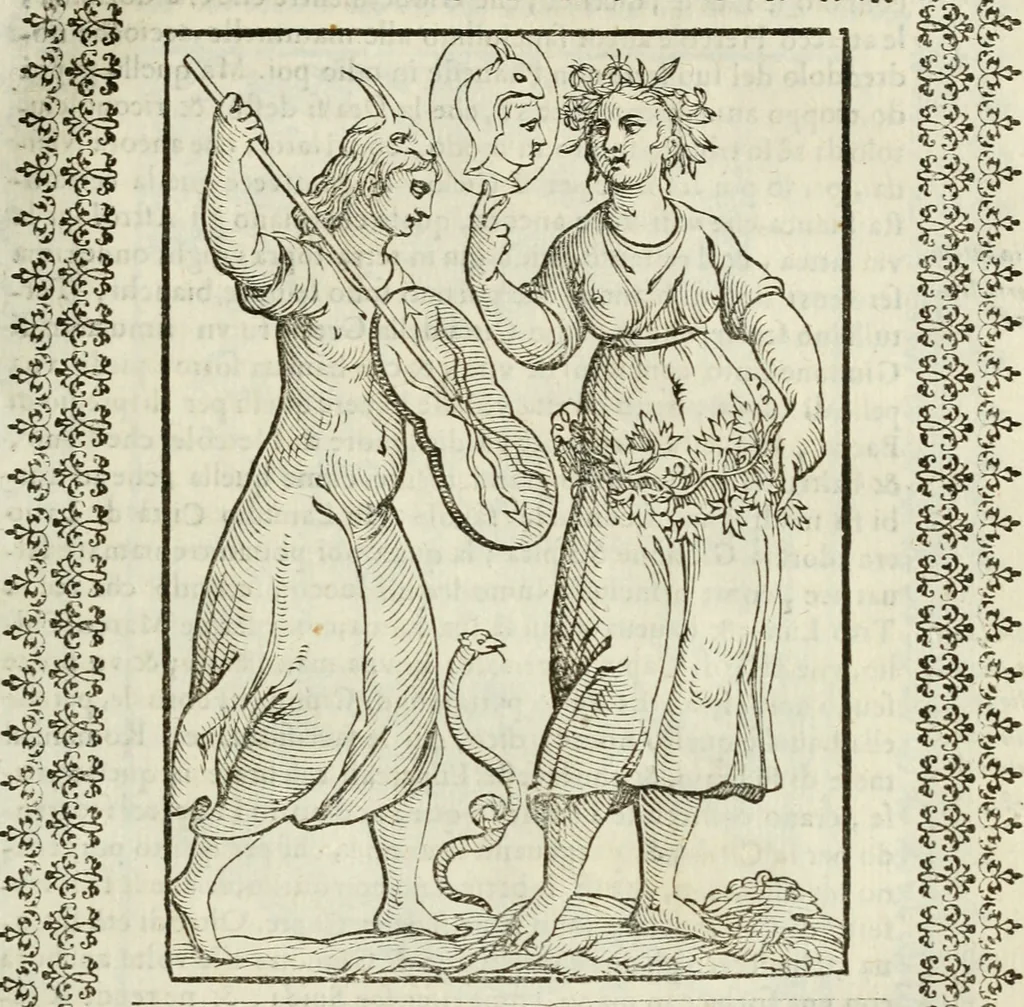 An illustration from Le vere e nove imagini de gli dei delli antichi di Vicenzo Cartari Reggiano. Ridotte da capo a piedi in questa nouissima impressione alle loro reali, & non piu per l'adietro osseruate simiglianze. Cauate da' marmi, bronzi, medaglie, gioie, & altre memorie antiche;, 1615, leaf 210