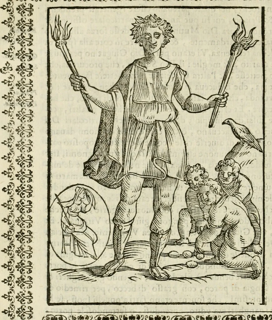 An illustration from Le vere e nove imagini de gli dei delli antichi di Vicenzo Cartari Reggiano. Ridotte da capo a piedi in questa nouissima impressione alle loro reali, & non piu per l'adietro osseruate simiglianze. Cauate da' marmi, bronzi, medaglie, gioie, & altre memorie antiche;, 1615, leaf 233