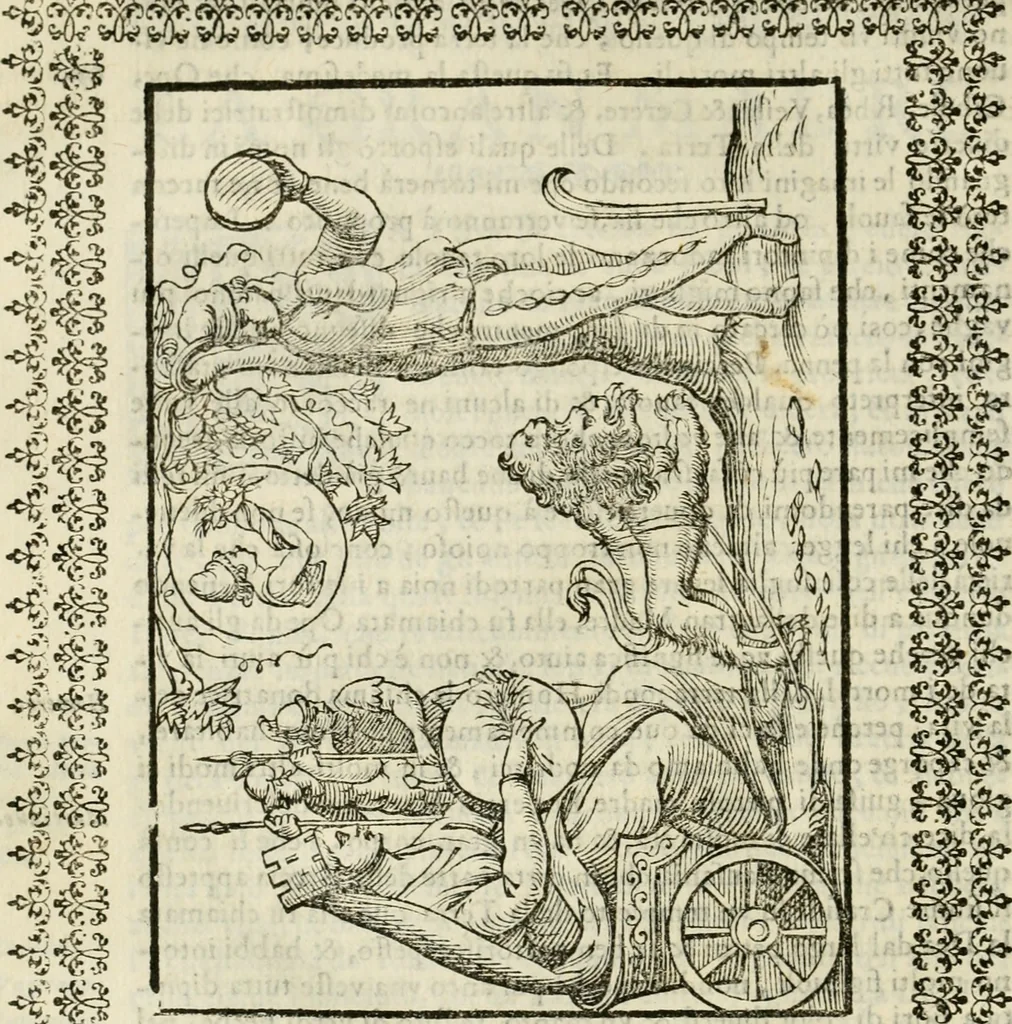 An illustration from Le vere e nove imagini de gli dei delli antichi di Vicenzo Cartari Reggiano. Ridotte da capo a piedi in questa nouissima impressione alle loro reali, & non piu per l'adietro osseruate simiglianze. Cauate da' marmi, bronzi, medaglie, gioie, & altre memorie antiche;, 1615, leaf 239