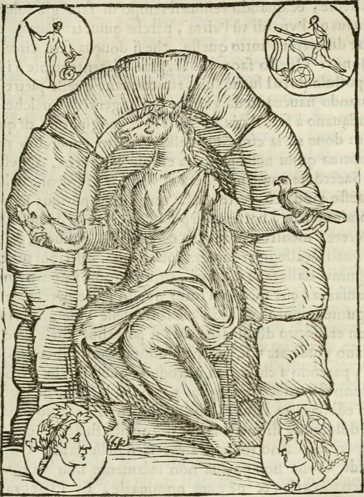 An illustration from Le vere e nove imagini de gli dei delli antichi di Vicenzo Cartari Reggiano. Ridotte da capo a piedi in questa nouissima impressione alle loro reali, & non piu per l'adietro osseruate simiglianze. Cauate da' marmi, bronzi, medaglie, gioie, & altre memorie antiche;, 1615, leaf 244