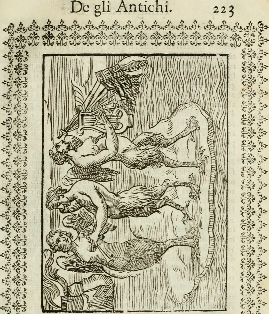 An illustration from Le vere e nove imagini de gli dei delli antichi di Vicenzo Cartari Reggiano. Ridotte da capo a piedi in questa nouissima impressione alle loro reali, & non piu per l'adietro osseruate simiglianze. Cauate da' marmi, bronzi, medaglie, gioie, & altre memorie antiche;, 1615, leaf 258
