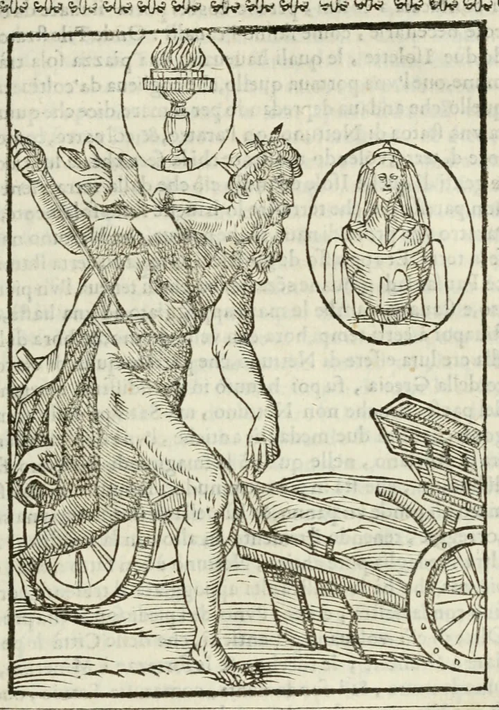 An illustration from Le vere e nove imagini de gli dei delli antichi di Vicenzo Cartari Reggiano. Ridotte da capo a piedi in questa nouissima impressione alle loro reali, & non piu per l'adietro osseruate simiglianze. Cauate da' marmi, bronzi, medaglie, gioie, & altre memorie antiche;, 1615, leaf 266