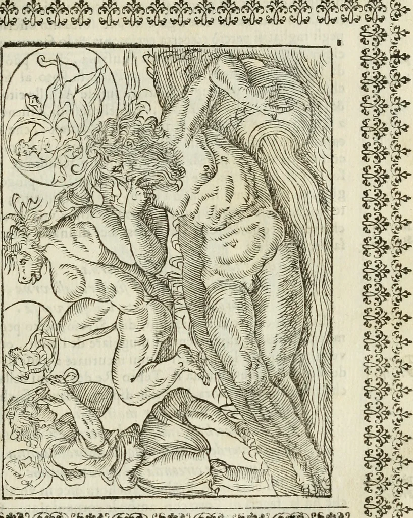 An illustration from Le vere e nove imagini de gli dei delli antichi di Vicenzo Cartari Reggiano. Ridotte da capo a piedi in questa nouissima impressione alle loro reali, & non piu per l'adietro osseruate simiglianze. Cauate da' marmi, bronzi, medaglie, gioie, & altre memorie antiche;, 1615, leaf 274