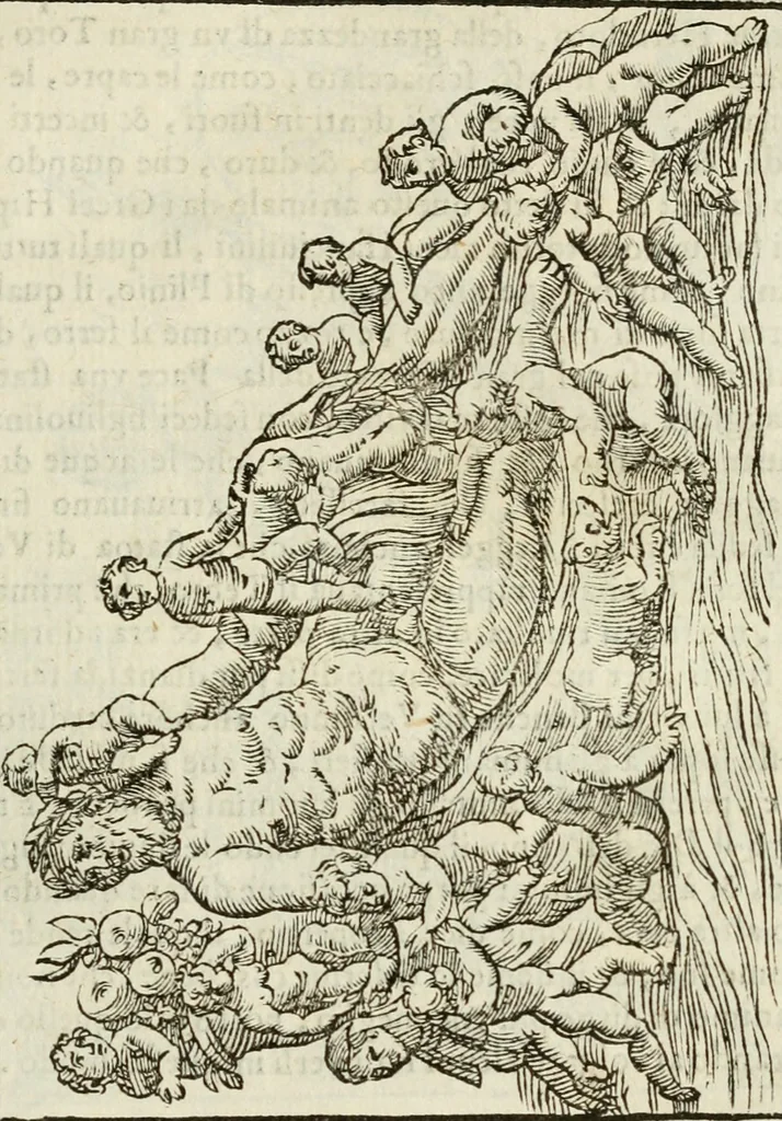 An illustration from Le vere e nove imagini de gli dei delli antichi di Vicenzo Cartari Reggiano. Ridotte da capo a piedi in questa nouissima impressione alle loro reali, & non piu per l'adietro osseruate simiglianze. Cauate da' marmi, bronzi, medaglie, gioie, & altre memorie antiche;, 1615, leaf 278