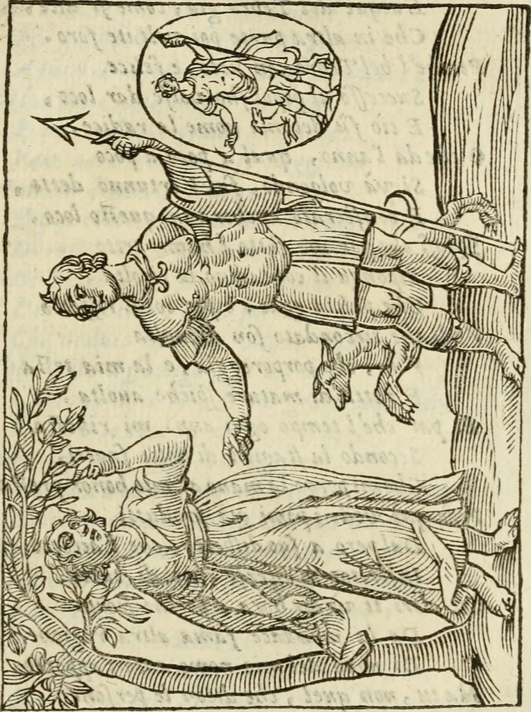 An illustration from Le vere e nove imagini de gli dei delli antichi di Vicenzo Cartari Reggiano. Ridotte da capo a piedi in questa nouissima impressione alle loro reali, & non piu per l'adietro osseruate simiglianze. Cauate da' marmi, bronzi, medaglie, gioie, & altre memorie antiche;, 1615, leaf 280