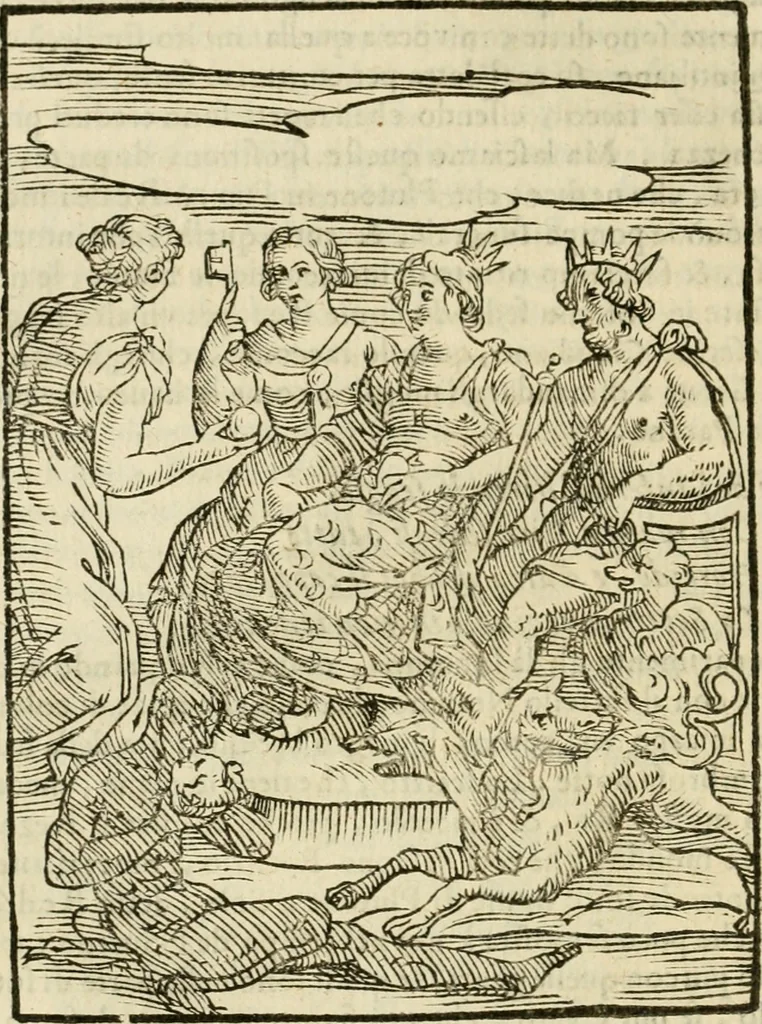 An illustration from Le vere e nove imagini de gli dei delli antichi di Vicenzo Cartari Reggiano. Ridotte da capo a piedi in questa nouissima impressione alle loro reali, & non piu per l'adietro osseruate simiglianze. Cauate da' marmi, bronzi, medaglie, gioie, & altre memorie antiche;, 1615, leaf 287