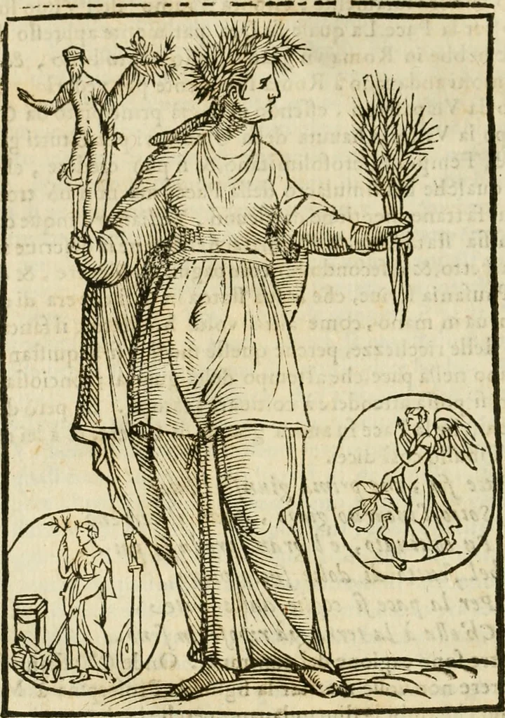 An illustration from Le vere e nove imagini de gli dei delli antichi di Vicenzo Cartari Reggiano. Ridotte da capo a piedi in questa nouissima impressione alle loro reali, & non piu per l'adietro osseruate simiglianze. Cauate da' marmi, bronzi, medaglie, gioie, & altre memorie antiche;, 1615, leaf 321
