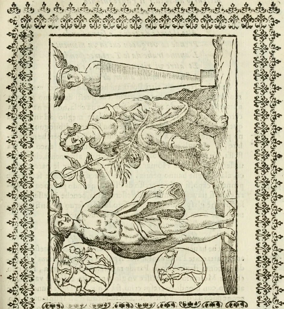 An illustration from Le vere e nove imagini de gli dei delli antichi di Vicenzo Cartari Reggiano. Ridotte da capo a piedi in questa nouissima impressione alle loro reali, & non piu per l'adietro osseruate simiglianze. Cauate da' marmi, bronzi, medaglie, gioie, & altre memorie antiche;, 1615, leaf 326